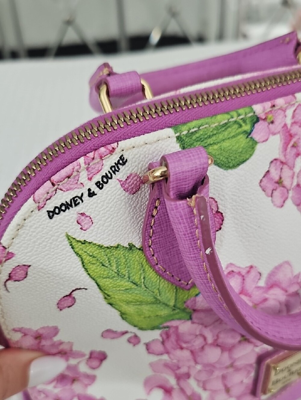 Mini Dooney & Bourke Pink Floral Dome Satchel with Green Leaf Accents - Picture 6 of 10